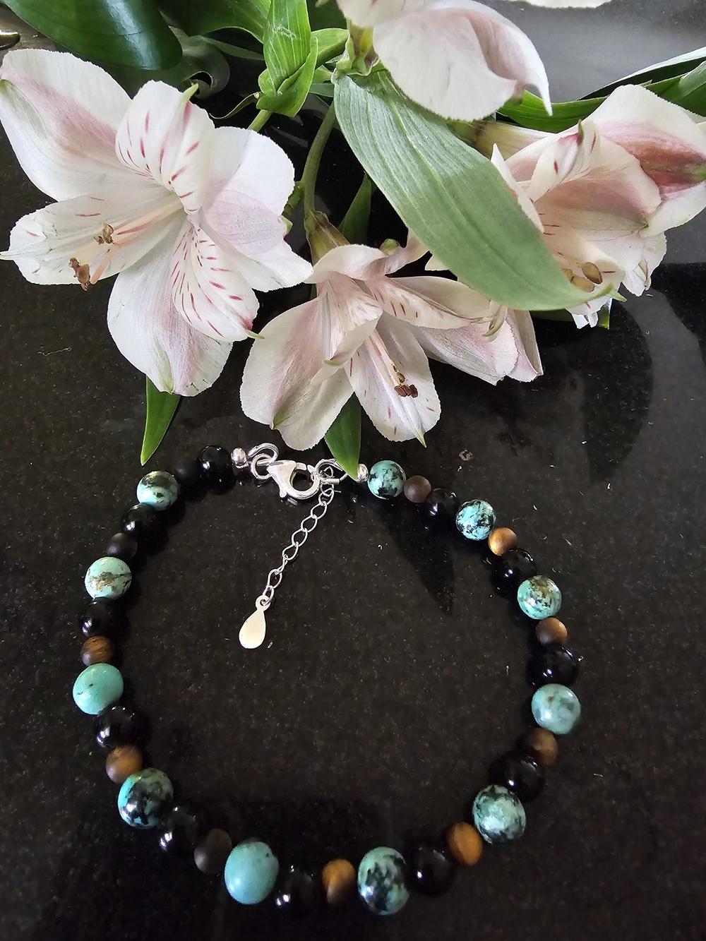 Na'auao Bracelet - 6mm Obsidian, 6.5mm African Turquoise, 4.5mm Tigers Eye